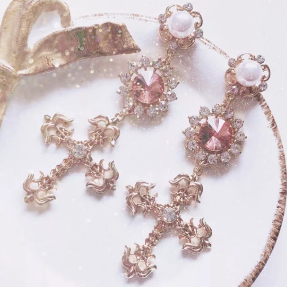 Gorgeous Gold Crystal and  Pearl Cross Earrings